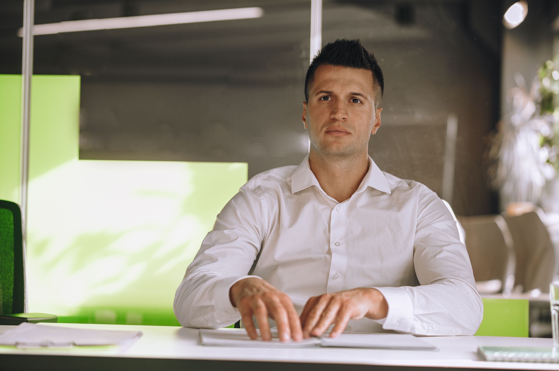 Visually impaired office worker reading by touch